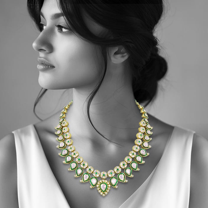 Green Enamel Polki Necklace with Bud Design